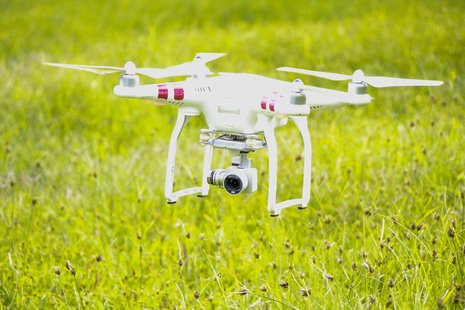 Drone monitoring crops over a green field