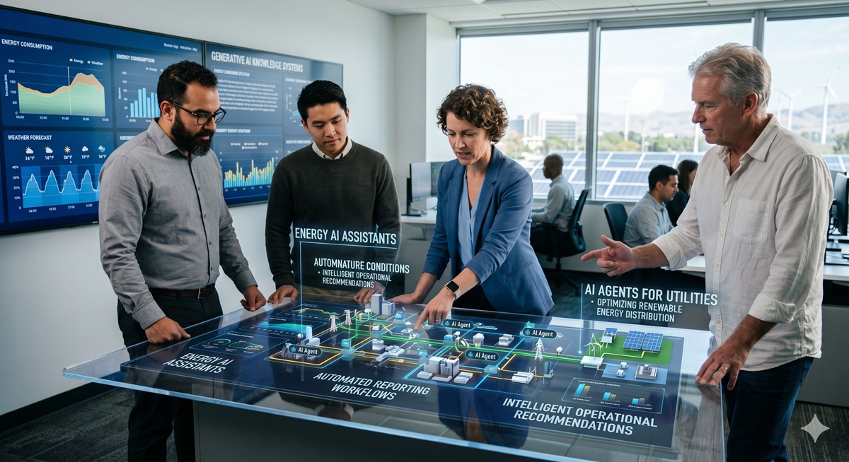 Energy team collaborating around an interactive AI energy intelligence table