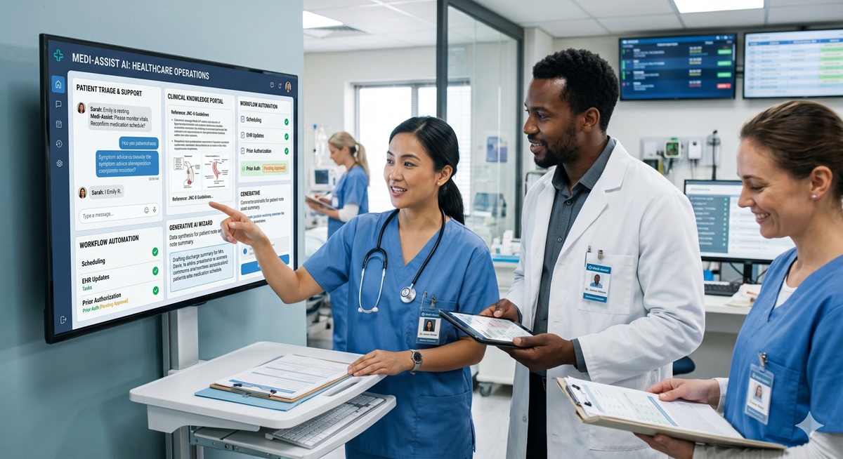 Clinical team using a healthcare AI assistant dashboard for triage and workflow automation